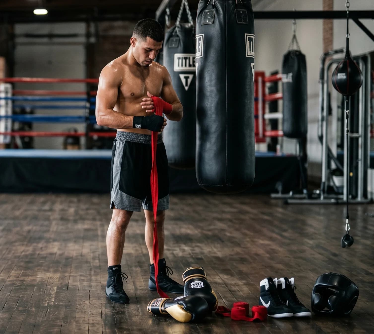 Boxer training on a heavy bag with boxing gloves