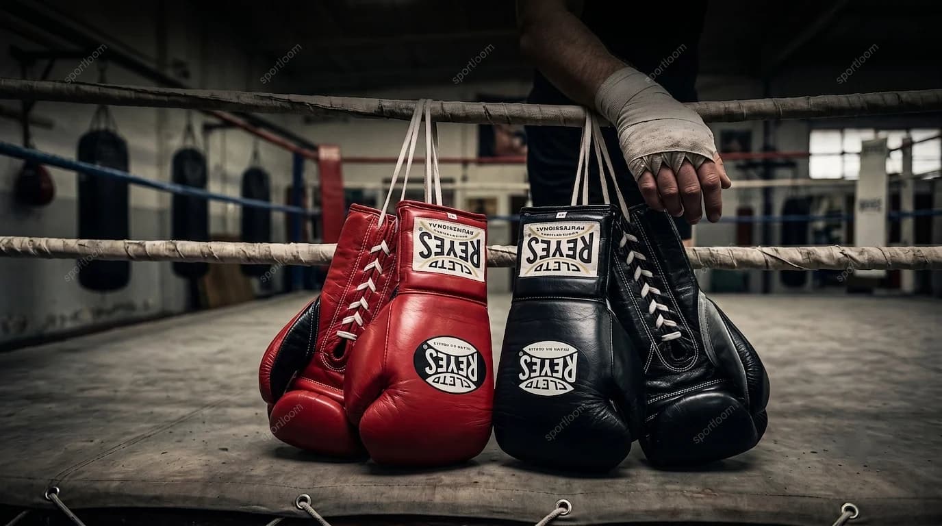 Cleto Reyes boxing gloves hanging on the ropes of a boxing ring