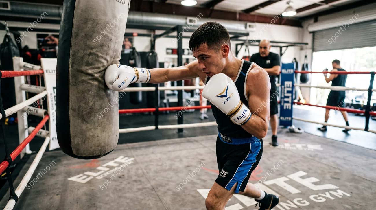 Compact boxing gloves for narrow hands arranged beside hand wraps in a boxing gym.