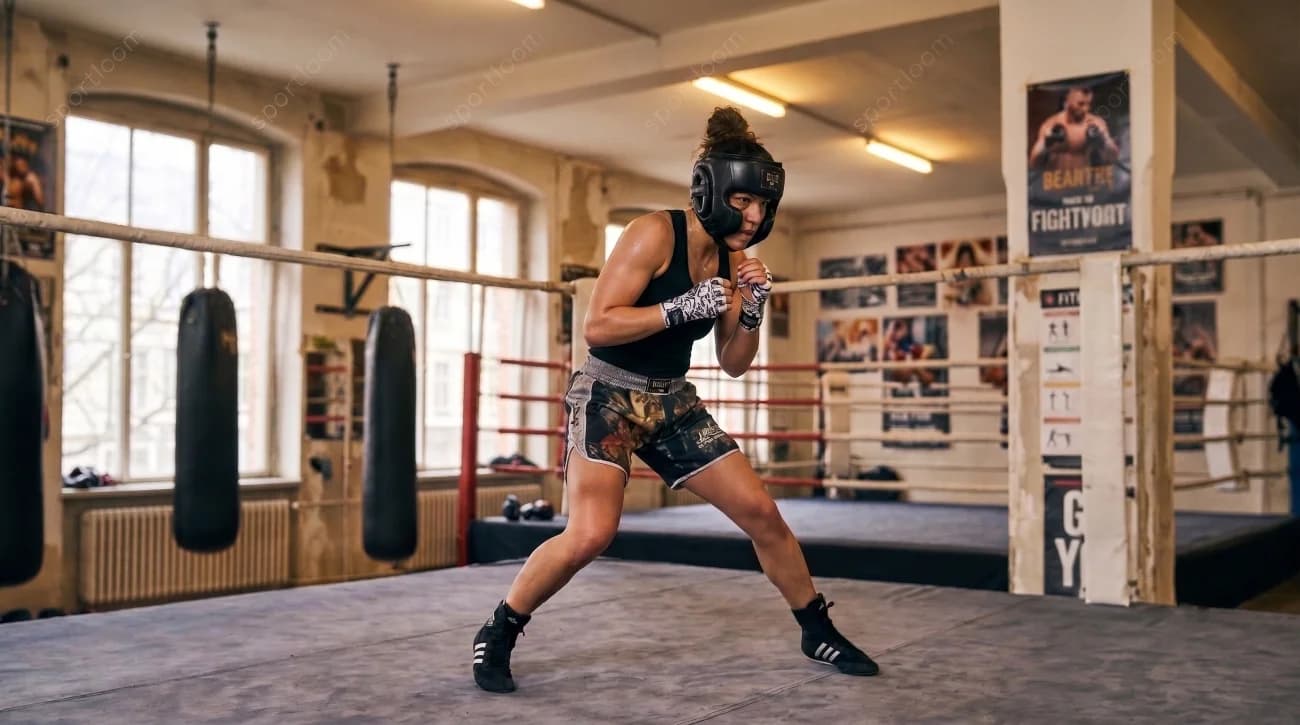 Beginner boxer wearing protective headgear during a controlled boxing sparring session.